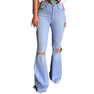 Maiyifu-GJ Women's Classic Ripped Flare Jeans High Waisted Bell Bottom Denim Pants Destroyed Raw Hem Wide Leg Jean Trousers (Light Blue,X-Large)