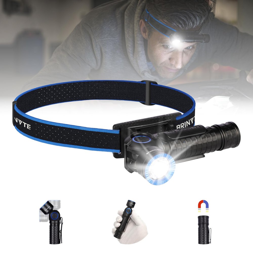 Brinyte HL18 Rechargeable Right Angle Headlamp Detachable L-Shape Flashlight with Magnetic Base 90 Degree Swivel 1600 Lumens Bright Waterproof Headlamp for Repairing Work