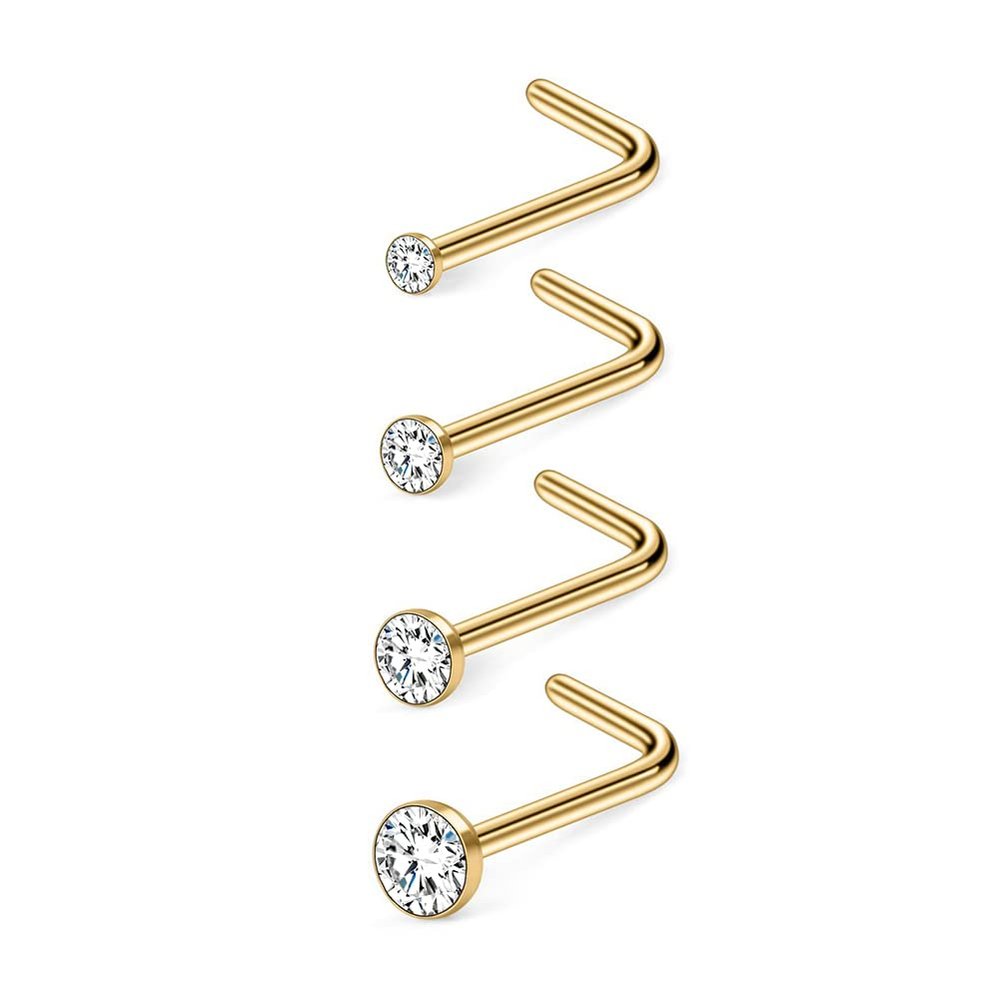 6ixGosh 4pcs 20g Nose Rings Studs - Surgical Steel CZ L Shaped Corkscrew Nose Ring Studs for Women & Men - Small Cute Silver, Rose Gold, Black - 1.5mm, 2mm, 2.5mm, 3mm Nostril