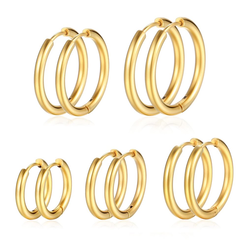 5 Pairs Gold Hoop Earrings Set for Women, 14K Plated Hypoallergenic Thin Small Golden Earrings Set Cartilage Helix Huggie Hoop Pack for Women Men 12mm/14mm/16mm/18mm/20mm