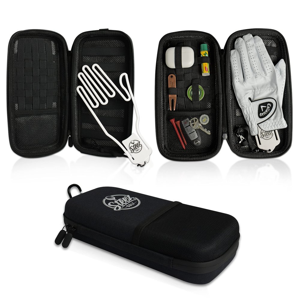 Steez Golf Accessory Case - Bag Organizer. Airtight, Water-Resistant, Protective Hard Case for Phone, Tees, Ball Markers, Repair Tools, and Essentials. Removable Glove Hanger/Dryer