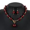 Chunky Multicolor Simulated Pearl Choker Necklace Drop Dangle Earrings Bracelet Set Crystal Bib Big Large Round Beaded Strand for Women Brides Costume Statement 1920s Wedding Jewelry-Wine Red view 3