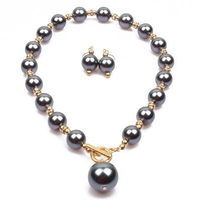 Chunky Multicolor Simulated Pearl Choker Necklace Drop Dangle Earrings Bracelet Set Crystal Bib Big Large Round Beaded Strand for Women Brides Costume Statement 1920s Wedding Jewelry-Gray