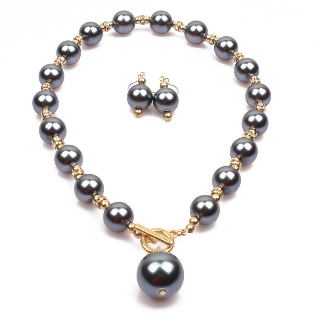 Chunky Multicolor Simulated Pearl Choker Necklace Drop Dangle Earrings Bracelet Set Crystal Bib Big Large Round Beaded Strand for Women Brides Costume Statement 1920s Wedding Jewelry-Gray