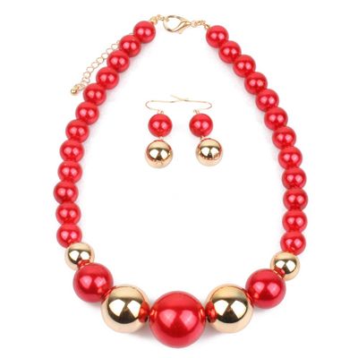 Fuqimanman2020 Chunky Large Simulated Pearl Choker Necklace Drop Dangle Earrings Crystal Bib Big Round Beaded Strand Multicolor Costume Statement Wedding Jewelry Set for Women Brides-Red B