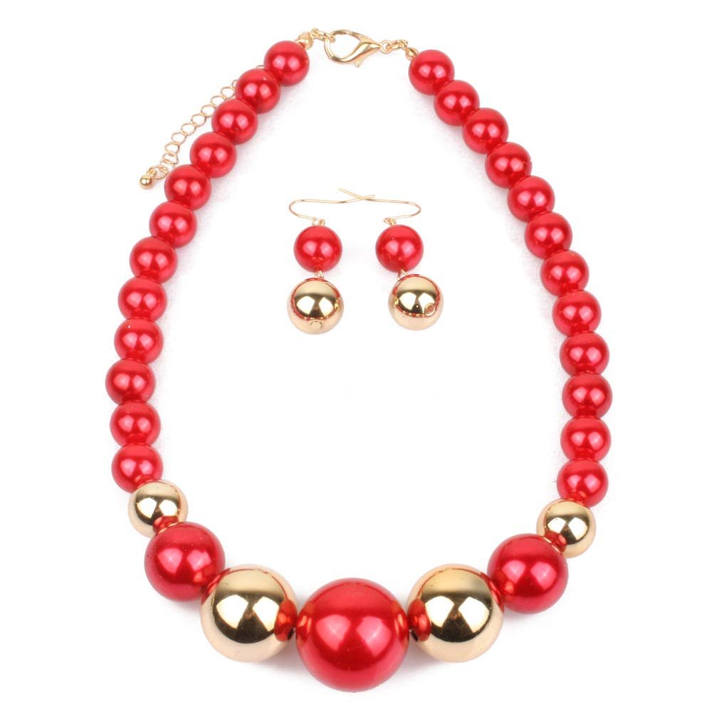 Fuqimanman2020 Chunky Large Simulated Pearl Choker Necklace Drop Dangle Earrings Crystal Bib Big Round Beaded Strand Multicolor Costume Statement Wedding Jewelry Set for Women Brides-Red B