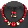 Fuqimanman2020 Chunky Large Simulated Pearl Choker Necklace Drop Dangle Earrings Crystal Bib Big Round Beaded Strand Multicolor Costume Statement Wedding Jewelry Set for Women Brides-Red B view 2