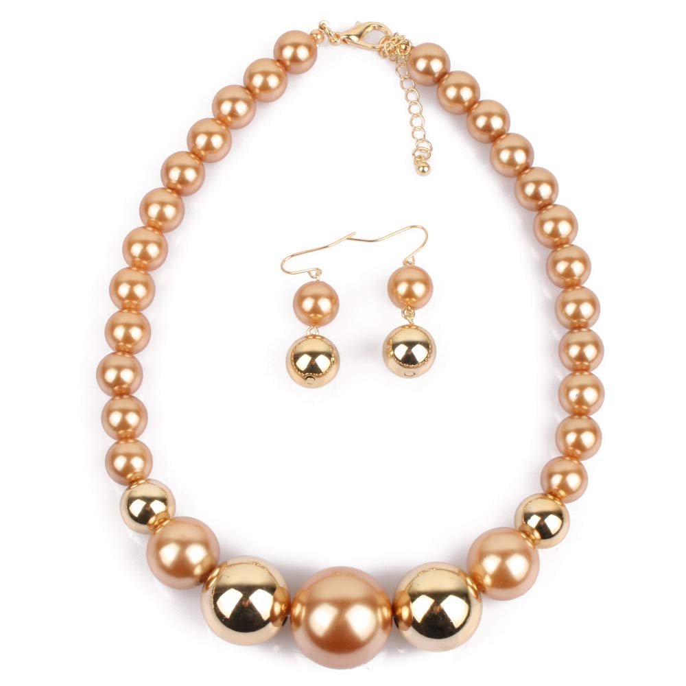 Fuqimanman2020 Chunky Large Simulated Pearl Choker Necklace Drop Dangle Earrings Crystal Bib Big Round Beaded Strand Multicolor Costume Statement Wedding Jewelry Set for Women Brides-Champagne B