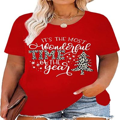 kfulemai Plus Size Christmas Tshirt Womens Buffalo Plaid Merry Christmas Graphic tee Tops Leopard Plaid Xmas Tree Short Sleeve(XL,Red-3)