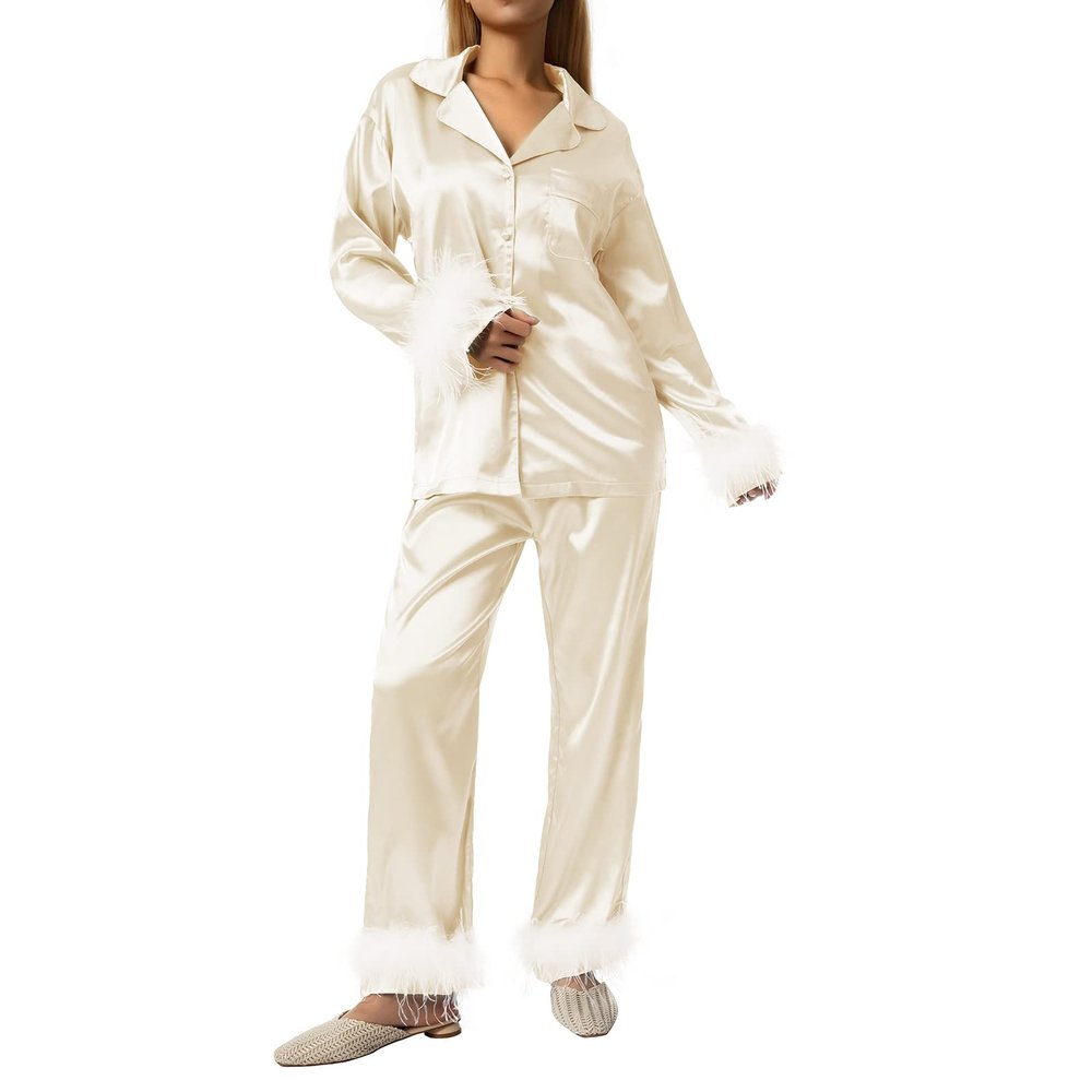 Doloame Women Pajamas Set Y2K Button Down Long Sleeve Sleepwear Feather Trim Nightwear Loungewear Pjs (Champagne, XL)