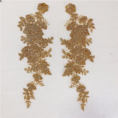 HXSCOO 1 Pair Sequins Embroidery Lace Flower Patch Wedding Evening Dress Veil Headdress Decorative Materia 34 * 9CM (Color : Gold)