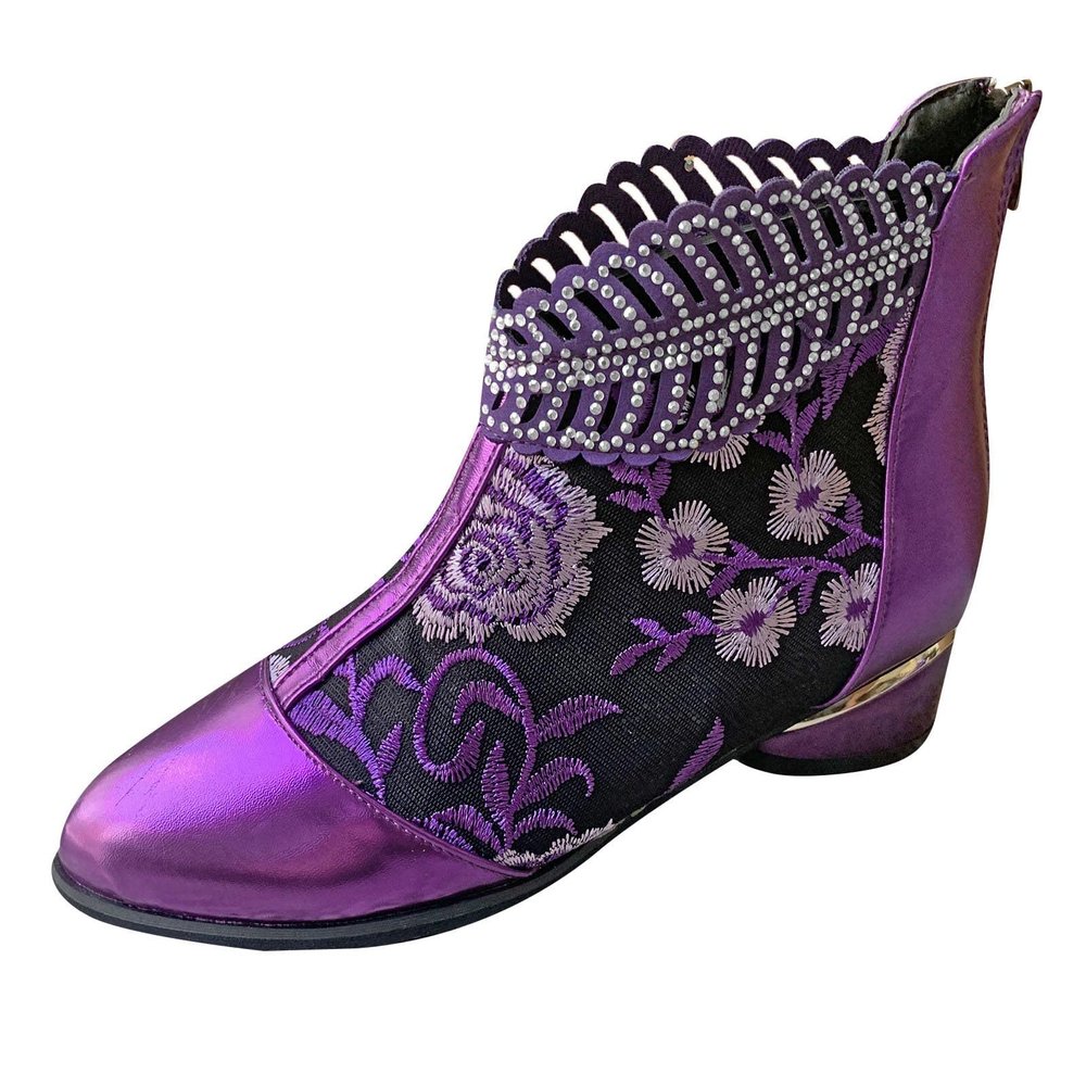 Sparkly Rhinestones Ankle Boots for Women Chunky Heel Vintage Pointed Toe Flower Embroidery Hollow Slip on Mid Heel Booties Retro Casual Ladies Shoes