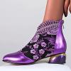 Sparkly Rhinestones Ankle Boots for Women Chunky Heel Vintage Pointed Toe Flower Embroidery Hollow Slip on Mid Heel Booties Retro Casual Ladies Shoes view 2