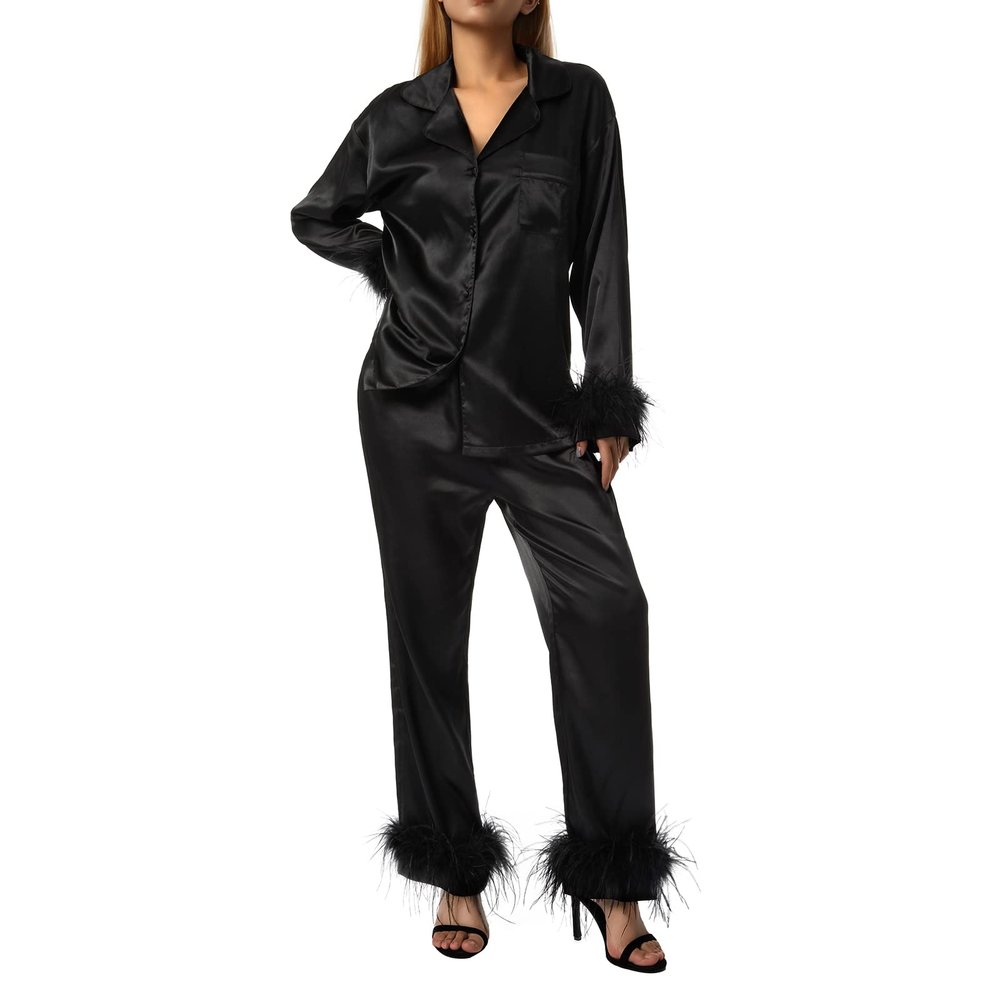 Doloame Women Pajamas Set Y2K Button Down Long Sleeve Sleepwear Feather Trim Nightwear Loungewear Pjs (Black, XL)