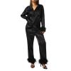 Doloame Women Pajamas Set Y2K Button Down Long Sleeve Sleepwear Feather Trim Nightwear Loungewear Pjs (Black, XL) view 1