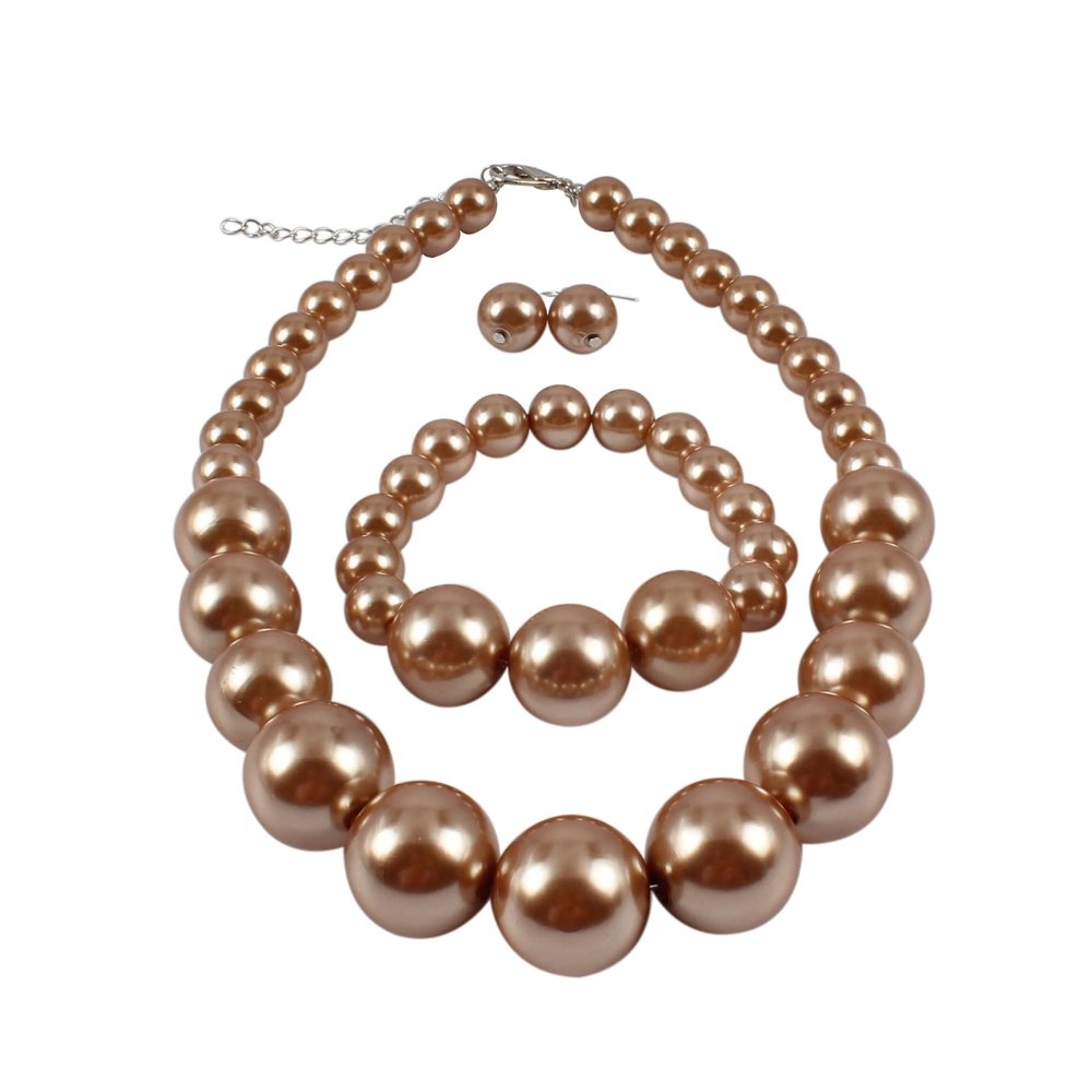 Chunky Multicolor Simulated Pearl Choker Necklace Drop Dangle Earrings Bracelet Set Crystal Bib Big Large Round Beaded Strand for Women Brides Costume Statement 1920s Wedding Jewelry-Champagne1