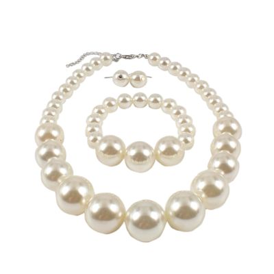 Chunky Multicolor Simulated Pearl Choker Necklace Drop Dangle Earrings Bracelet Set Crystal Bib Big Large Round Beaded Strand for Women Brides Costume Statement 1920s Wedding Jewelry-White1