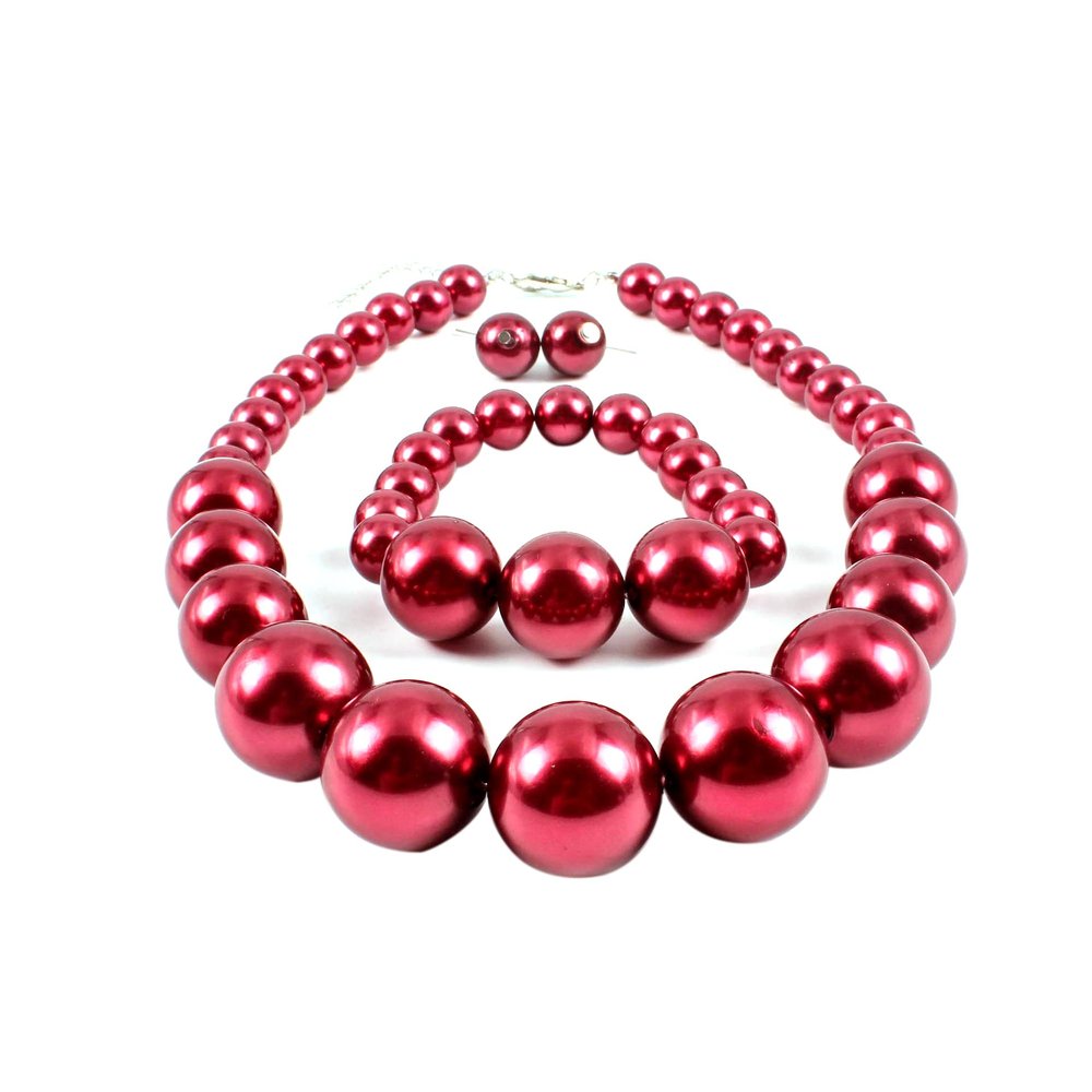 Chunky Multicolor Simulated Pearl Choker Necklace Drop Dangle Earrings Bracelet Set Crystal Bib Big Large Round Beaded Strand for Women Brides Costume Statement 1920s Wedding Jewelry-Wine Red1