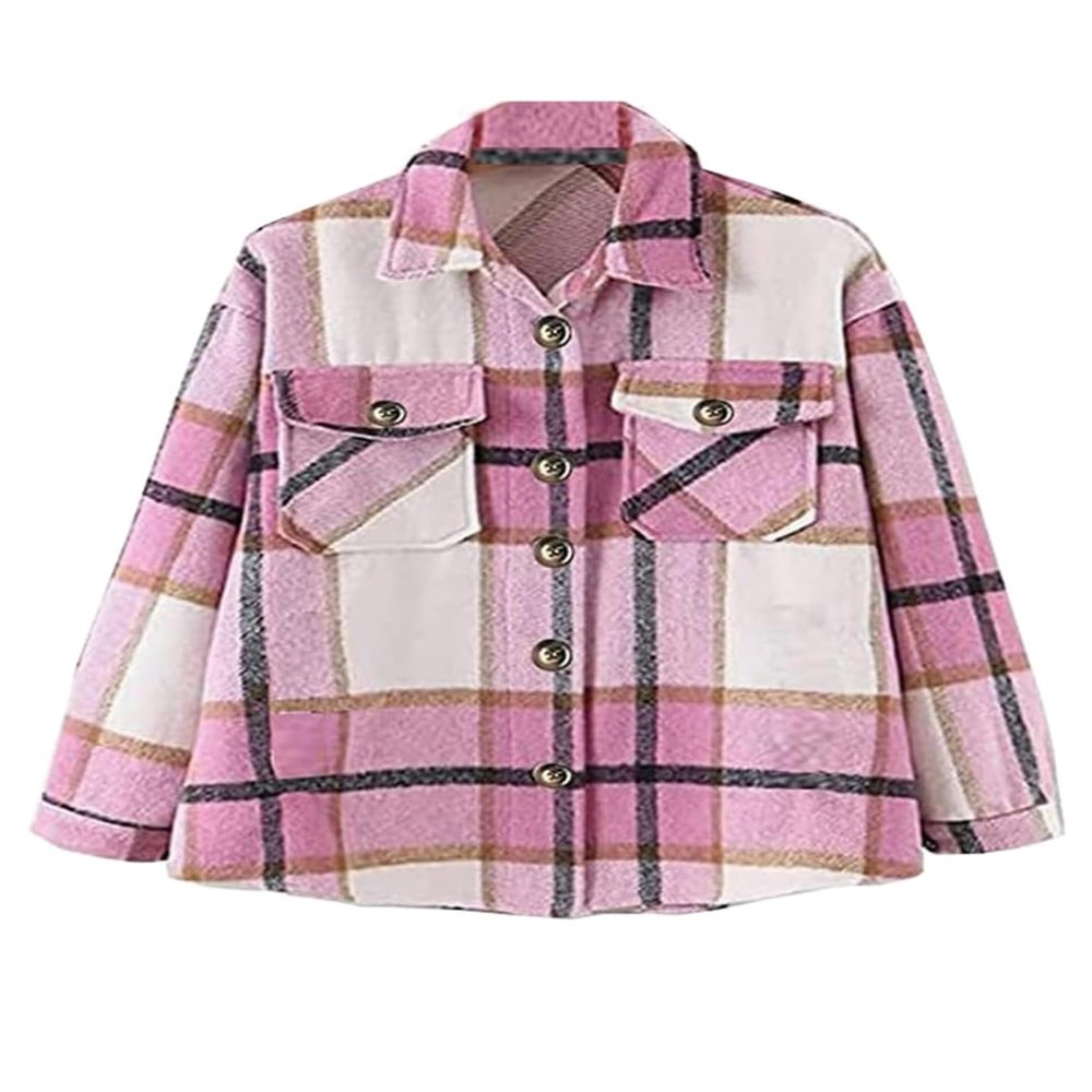 Fhniepan Girls Flannel Plaid Button Down Long Sleeve Shirt Jacket Shackets (7-8Years, Pink)
