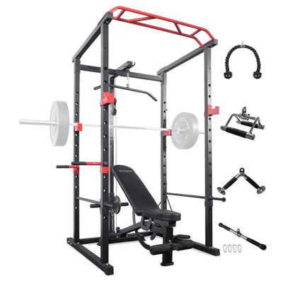 Power Cage with LAT Pull down System, Full Body Power Rack Workout Equipment, Multi-Function Squat Rack with Weight Bench for Garage & Home Gym (Power Cage with Weight Bench Cable machine attachments)