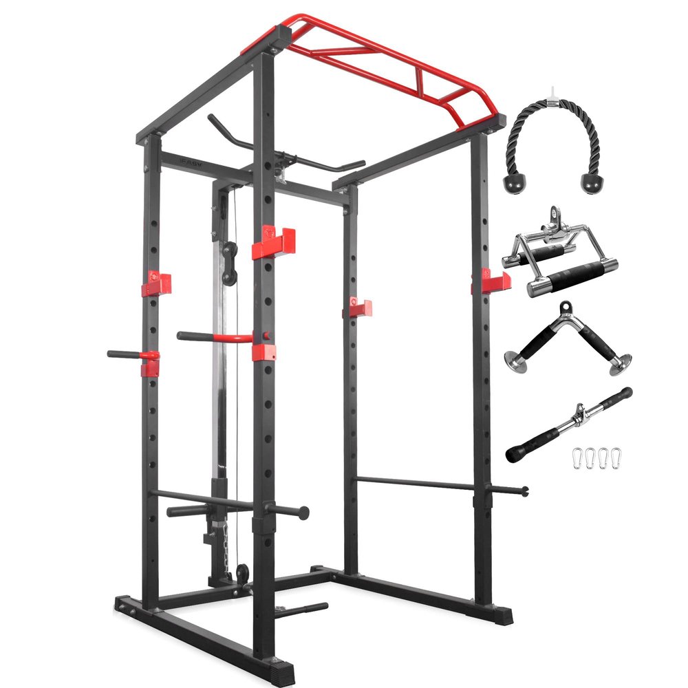 Garage&Home Gym Set,1000LBS Power Cage with LAT Pull Down System, Weight Bench Barbell Olympic Weight Plates,Full Body Workout Equipment (Power Cage with Cable Machine attachments)