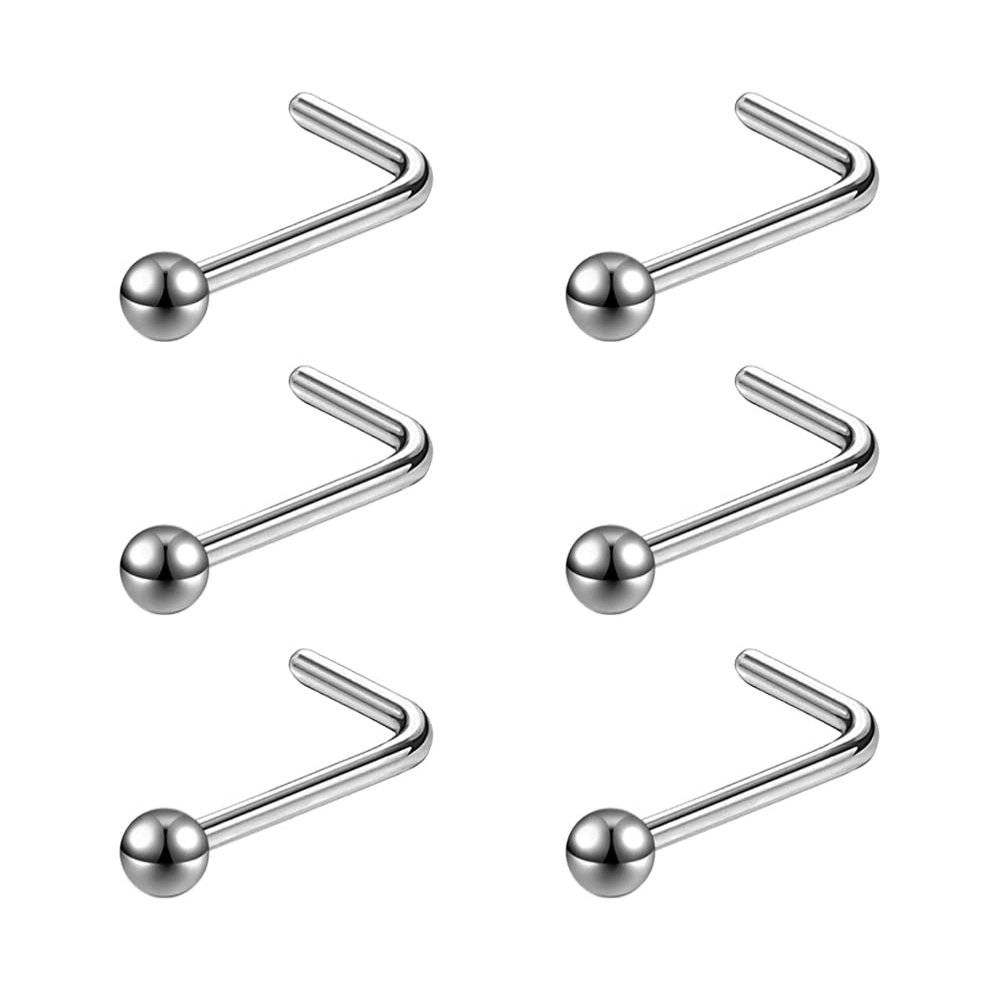 6ixGosh 6pcs 20g Nose Studs 3mm Ball Flat Surgical Steel Nose Ring for Women Men Black Rose Gold Nose Stud L Shaped Corkscrew Nose Ring Studs Cute Nostril Nose Piercing Jewelry