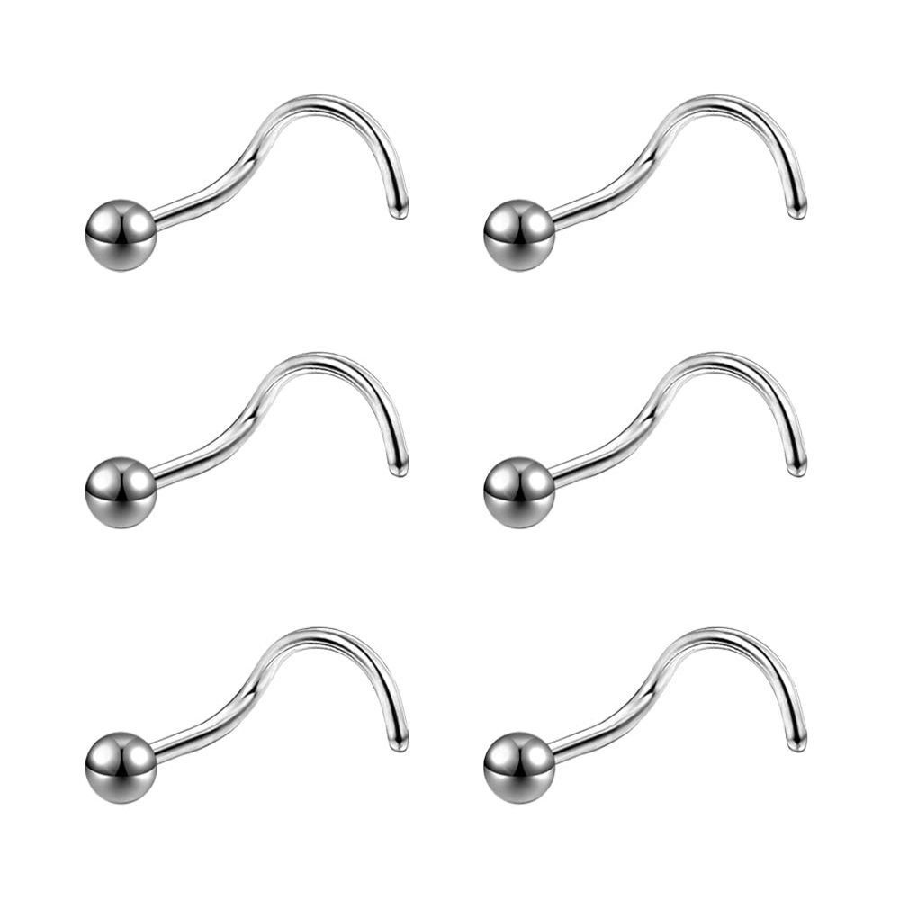 6ixGosh 6pcs 20g Nose Studs 3mm Ball Flat Surgical Steel Nose Ring for Women Men Black Rose Gold Nose Stud L Shaped Corkscrew Nose Ring Studs Cute Nostril Nose Piercing Jewelry