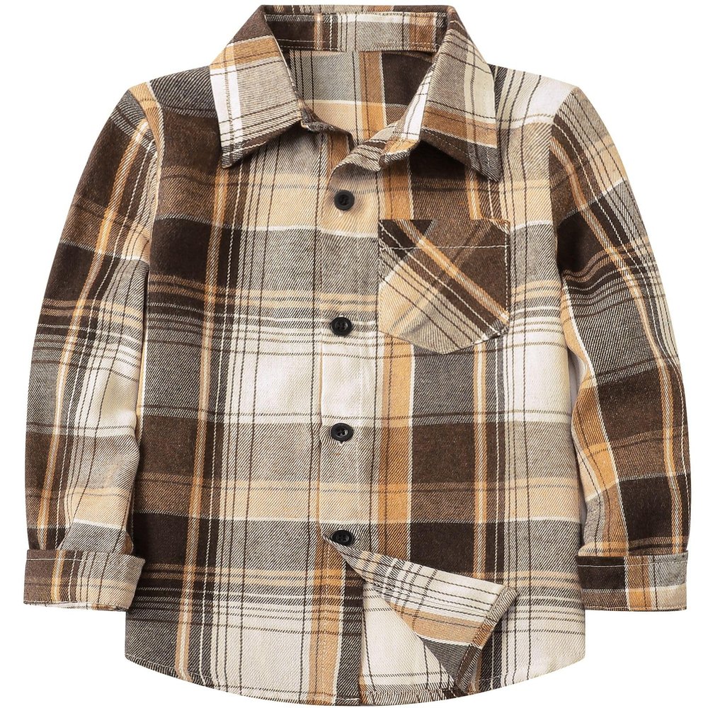 Betusline Boys Plaid Flannel Shirt, Kids Long Sleeve Button Button Shirts Tops, Flannel# Khaki Brown Plaid, 3-4 Years = Tag 110
