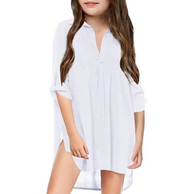 Baby Girl Kids Blouses Little Girl's Kids Swimsuit Beach Cover Up for Girl Chiffon Shirt Bikini (White, 12-13 Years)