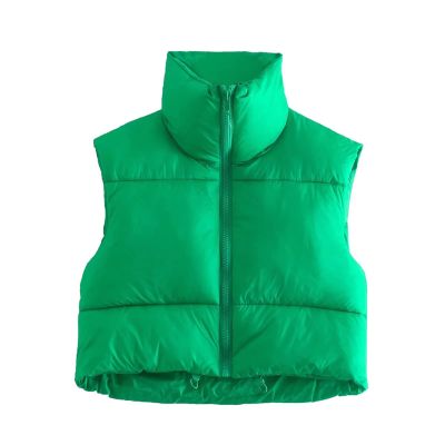 Tsnbre Women Crop Puffer Vest Sleeveless Stand Collar Lightweight Warm Outerwear Jacket Casual Coat Streetwear (Green, L)