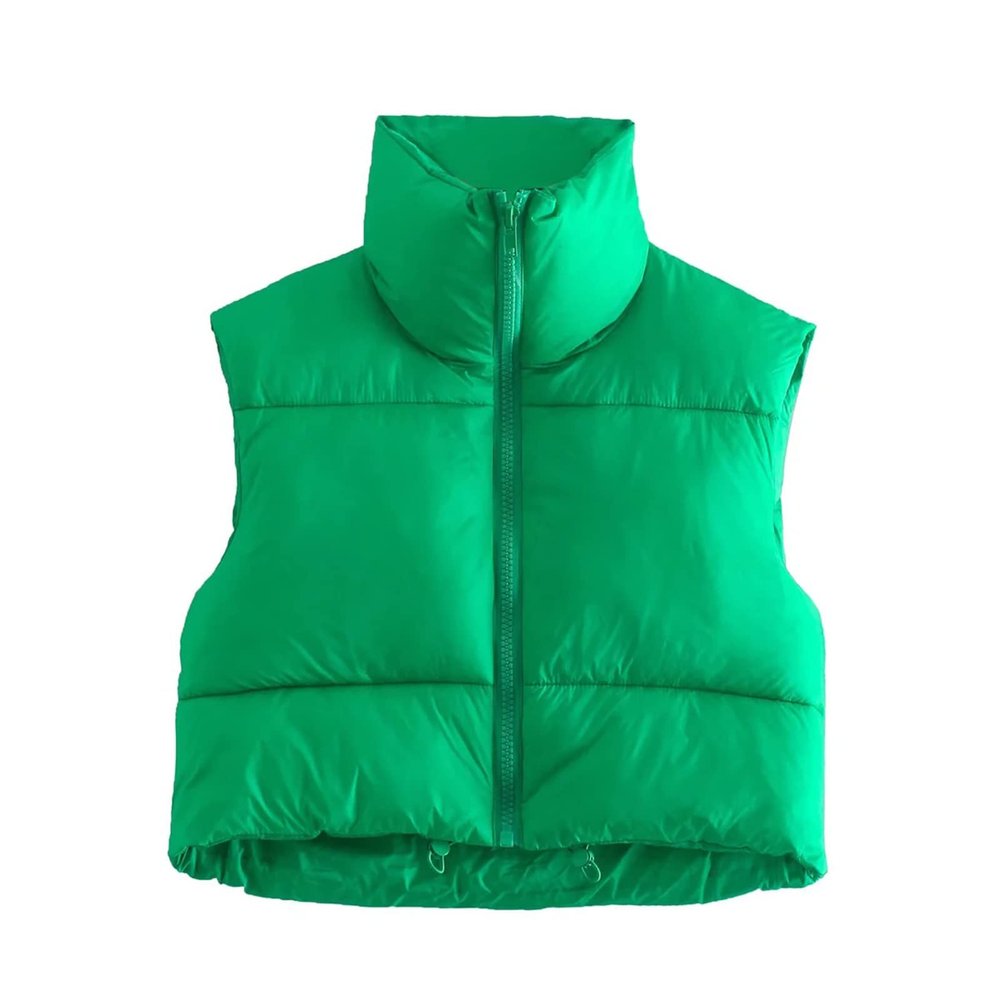 Tsnbre Women Crop Puffer Vest Sleeveless Stand Collar Lightweight Warm Outerwear Jacket Casual Coat Streetwear (Green, L)