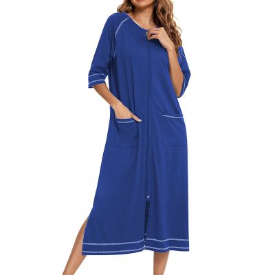 JEsilunmaMY Long Nightgowns for Women Zip Long Sleeve Maternity Pajama Dress Casual Loungewear Comfy Nightshirt Sleepwear (Blue,Large)