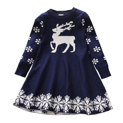 Toddler Girls Children Winter Christmas Long Sleeve Deer Snowflakes Sweater Dress Princess Girls (Blue, 3-4 Years)