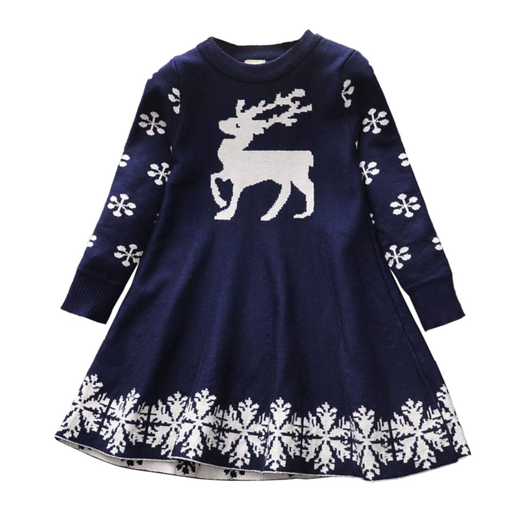 Toddler Girls Children Winter Christmas Long Sleeve Deer Snowflakes Sweater Dress Princess Girls (Blue, 3-4 Years)