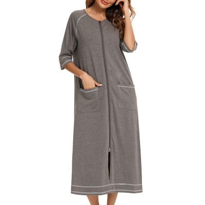 JEsilunmaMY Long Nightgowns for Women Zip Long Sleeve Maternity Pajama Dress Casual Loungewear Comfy Nightshirt Sleepwear (Grey,Medium)