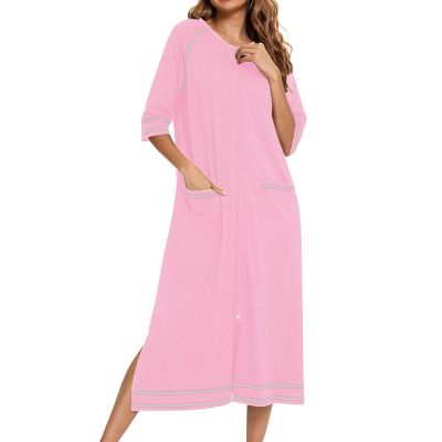 JEsilunmaMY Long Nightgowns for Women Zip Long Sleeve Maternity Pajama Dress Casual Loungewear Comfy Nightshirt Sleepwear (Pink,Medium)