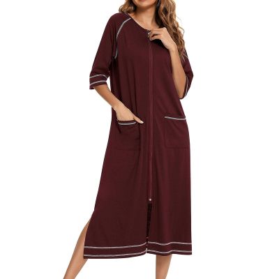 Long Nightgowns for Women Zip Long Sleeve Maternity Pajama Dress Casual Loungewear Comfy Nightshirt Sleepwear (Crimson,XX-Large)