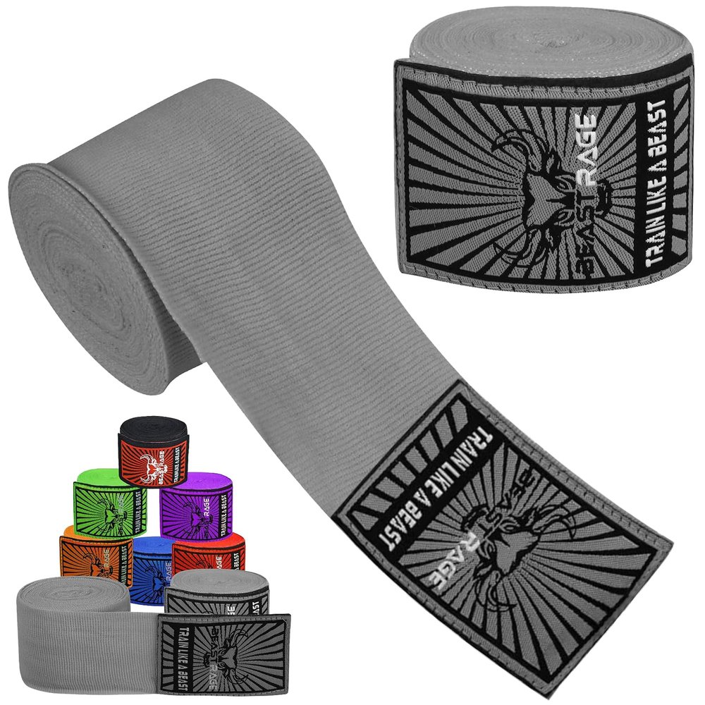 BEAST RAGE Boxing Hand Wraps for MMA Kickboxing Wrist Wraps Professional Adult 180" Semi-Elastic Martial Arts Inner Gloves Heavy Bag Handwraps Muay Thai Thumb Straps (Grey, 4.5 M)