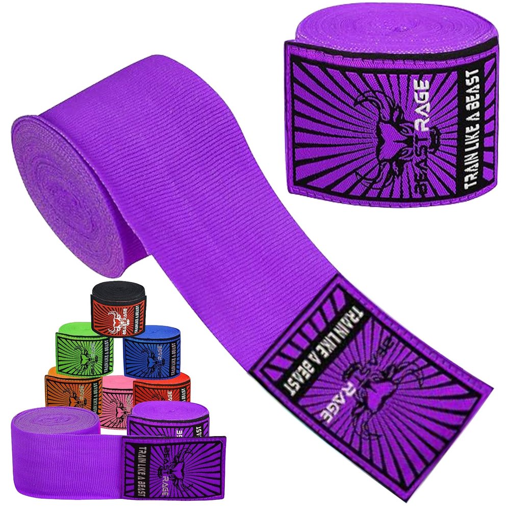 BEAST RAGE Boxing Hand Wraps for MMA Kickboxing Wrist Wraps Professional Adult 180" Semi-Elastic Martial Arts Inner Gloves Heavy Bag Handwraps Muay Thai Thumb Straps (Purple, 4.5 M)