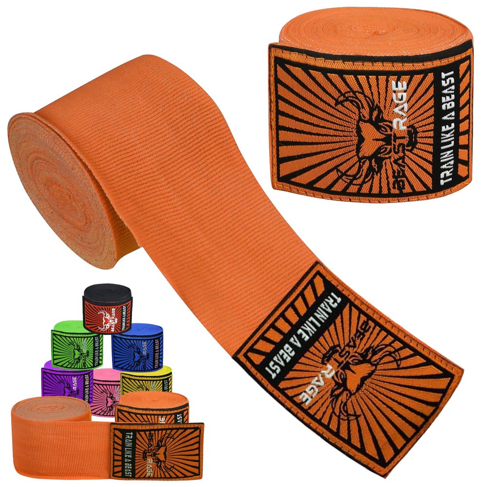 BEAST RAGE Boxing Hand Wraps for MMA Kickboxing Wrist Wraps Professional Adult 180" Semi-Elastic Martial Arts Inner Gloves Heavy Bag Handwraps Muay Thai Thumb Straps (Orange, 4.5 M)