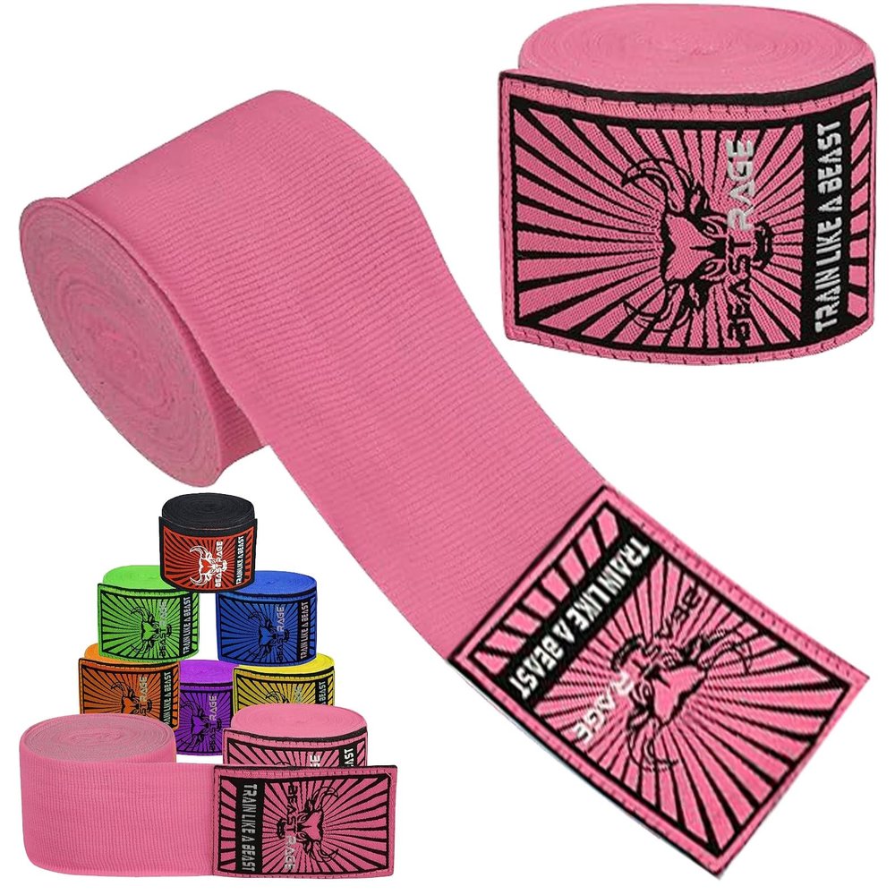 BEAST RAGE Boxing Hand Wraps for MMA Kickboxing Wrist Wraps Professional Adult 180" Semi-Elastic Martial Arts Inner Gloves Heavy Bag Handwraps Muay Thai Thumb Straps (Pink, 4.5 M)