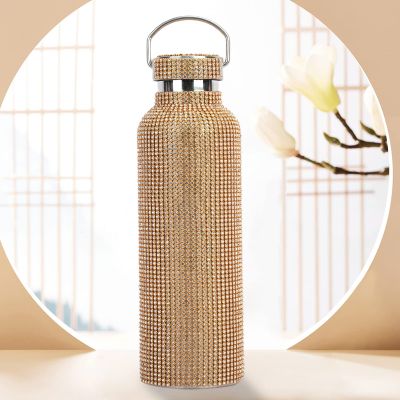 Diamond Water Bottle Bling Stainless Steel Thermal Bottle350ml, 500ml, 600ml, 750ml, Vacuum Flask Refillable Insulated Water Bottle with Chain Glitter Water Bottle with Pearl Bracelet for Women Girl