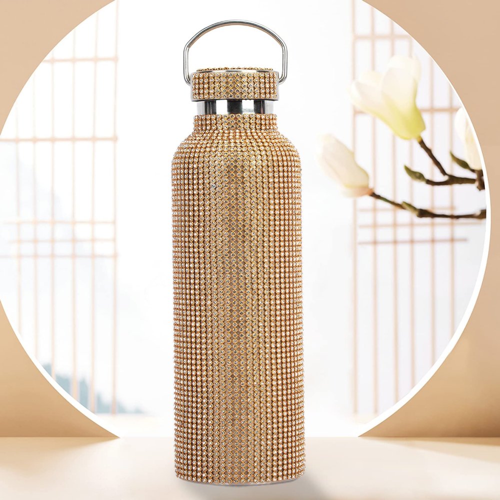 Diamond Water Bottle Bling Stainless Steel Thermal Bottle350ml, 500ml, 600ml, 750ml, Vacuum Flask Refillable Insulated Water Bottle with Chain Glitter Water Bottle with Pearl Bracelet for Women Girl