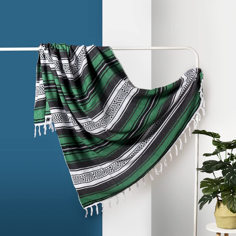 Airooglee 77" L x 46.4" W Large Mexican Blanket - Perfect as Camping Blanket, Yoga Outdoor Beach Serape Picnic Woven Blanket, Boho Home Dcor - Green