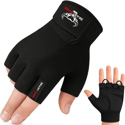 BEAST RAGE Workout Gloves for Men, Durable Palm Grip Gym Gloves Women Half Finger Elasticated Training Weight Lifting Strength Bodybuilding Anti Slip Cycling Gloves Exercise (Jet Black, S)