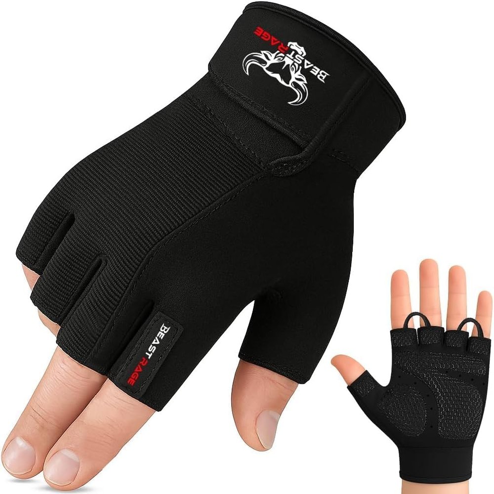 BEAST RAGE Workout Gloves for Men, Durable Palm Grip Gym Gloves Women Half Finger Elasticated Training Weight Lifting Strength Bodybuilding Anti Slip Cycling Gloves Exercise (Jet Black, S)
