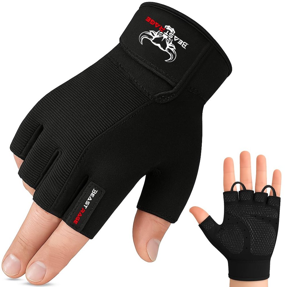 BEAST RAGE Workout Gloves for Men, Durable Palm Grip Gym Gloves Women Half Finger Elasticated Training Weight Lifting Strength Bodybuilding Anti Slip Cycling Glove Exercise (Jet Black, L)
