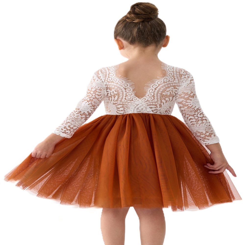 2Bunnies Girl Peony Lace Back A-Line Straight Tutu Tulle Party Flower Girl Dress (Burnt Orange Sleeve Short, 12-18M)