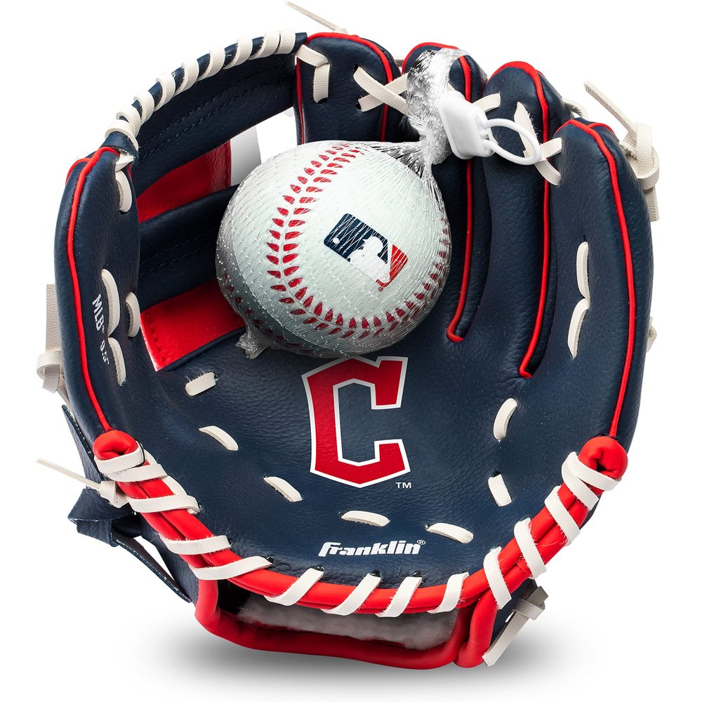 Franklin Sports MLB Youth Teeball Glove + Foam Ball Set - Kids Cleveland Guardians Baseball + Teeball Mitt and Ball - Perfect First Kids Glove - 9.5"