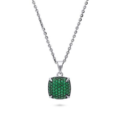 BERRICLE Sterling Silver Square Cubic Zirconia CZ Fashion Pendant Necklace for Women, Rhodium Plated 18 inch, Green
